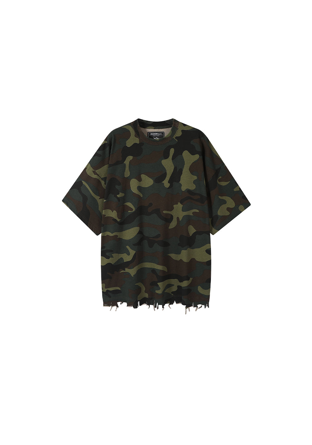 ZOZOKILLA Camouflage T-shirt with Frayed Edge and Hot-fixed Studs