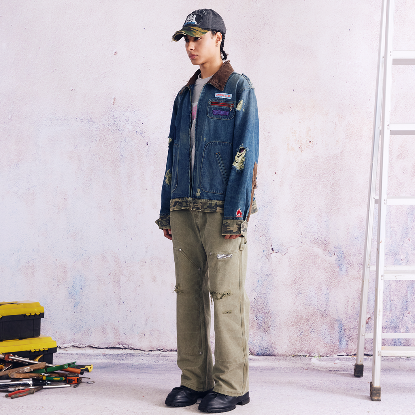 BURNIN* "Burnin for people" camouflage splicing damaged patch denim jacket - PSYLOS 1, BURNIN* "Burnin for people" camouflage splicing damaged patch denim jacket, T-Shirt, Burnin, PSYLOS 1