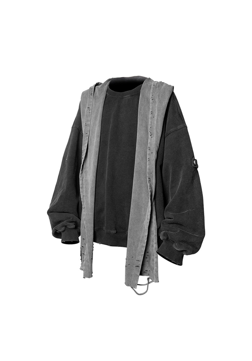 RELABEL丨Three-Dimensional Construction (Carving) Detachable Distressed Hood Washed Deep Gray Multi-Way Crewneck Sweatshirt - PSYLOS 1, RELABEL丨Three-Dimensional Construction (Carving) Detachable Distressed Hood Washed Deep Gray Multi-Way Crewneck Sweatshirt, Hoodie, RELABEL, PSYLOS 1