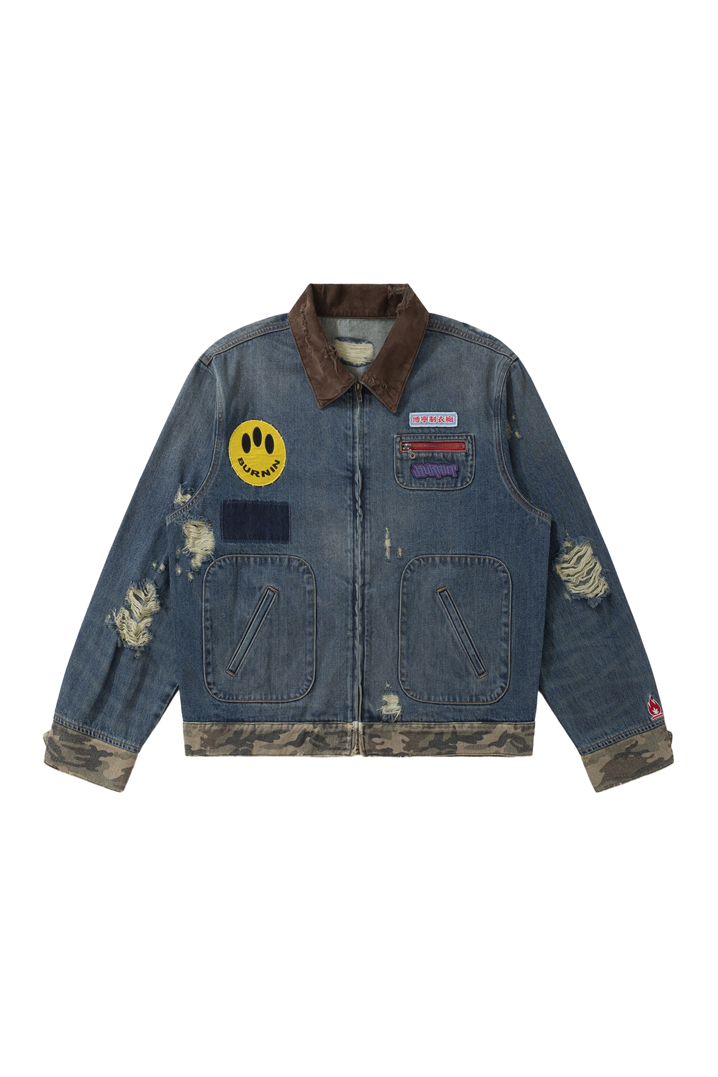 BURNIN* "Burnin for people" camouflage splicing damaged patch denim jacket - PSYLOS 1, BURNIN* "Burnin for people" camouflage splicing damaged patch denim jacket, T-Shirt, Burnin, PSYLOS 1