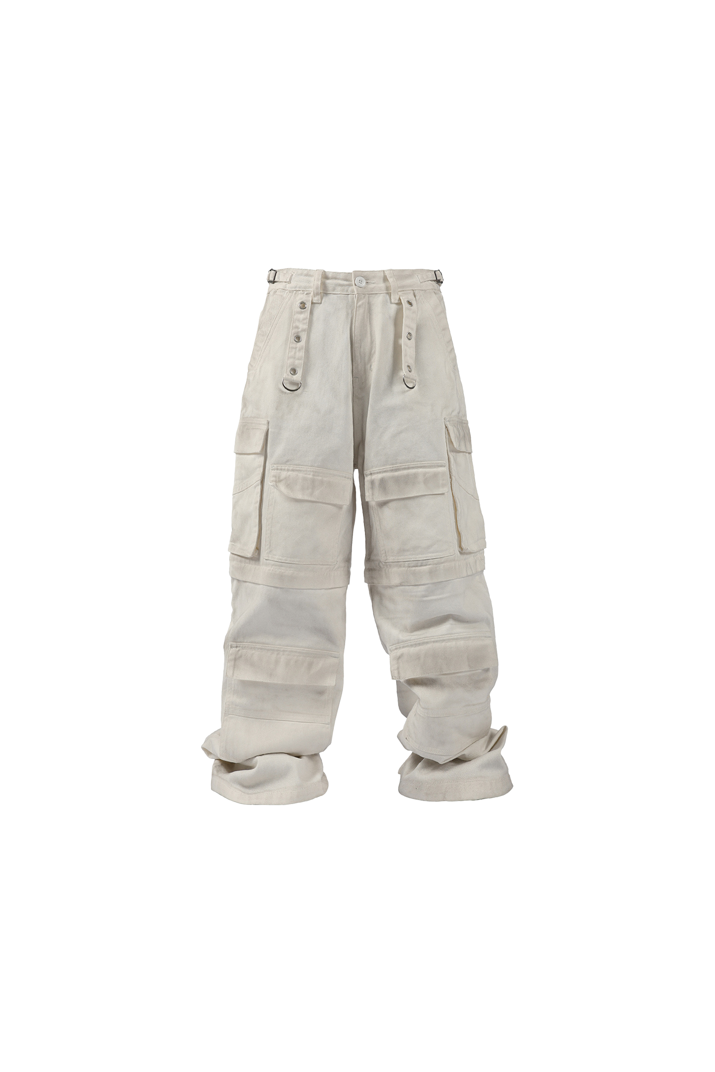 White Distressed Dirty Multi-pocket Detachable Jeans