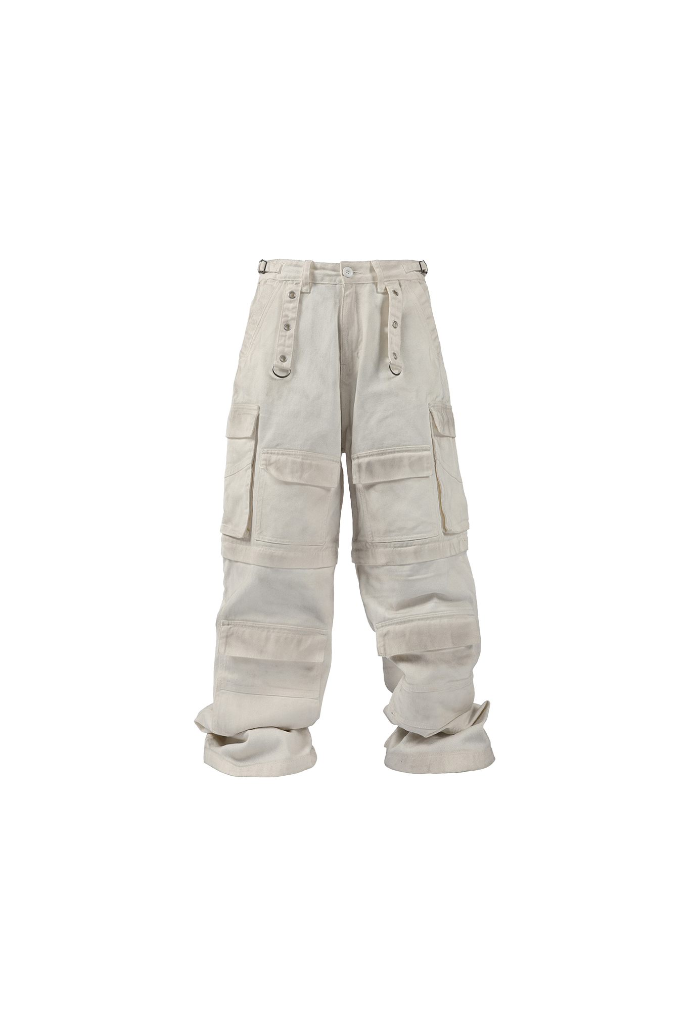 White Distressed Dirty Multi-pocket Detachable Jeans