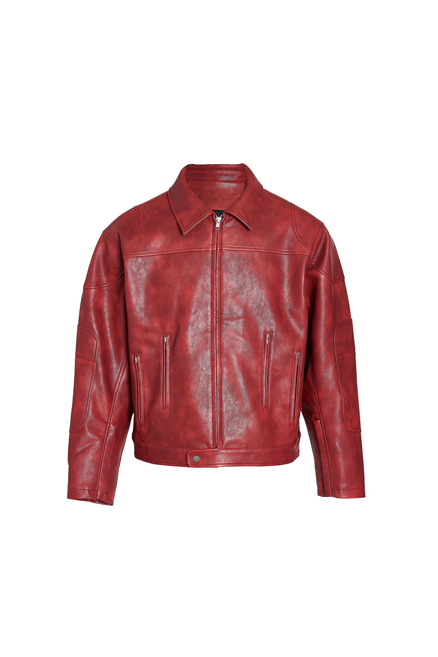 STEEPC Distressed Blur Washed Burgundy Red Short Wide Leather Jacket