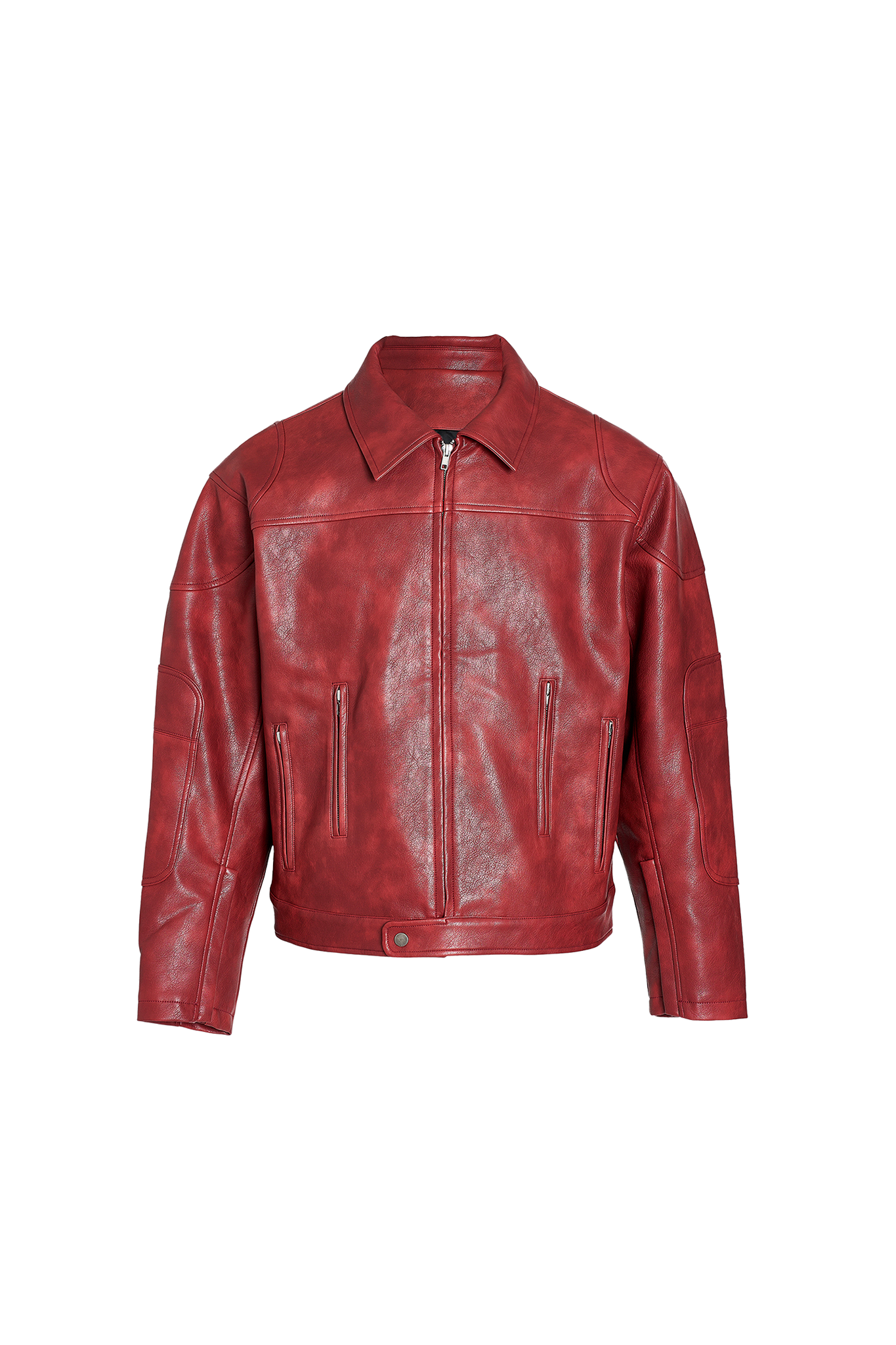 STEEPC Distressed Blur Washed Burgundy Red Short Wide Leather Jacket