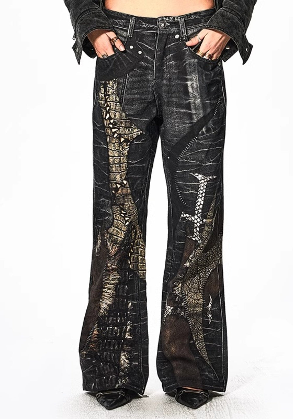 DND4DES丨Print Faux Leather Patch Denim Jeans - PSYLOS 1, DND4DES丨Print Faux Leather Patch Denim Jeans, Pants, DND4DES•JAPAN, PSYLOS 1