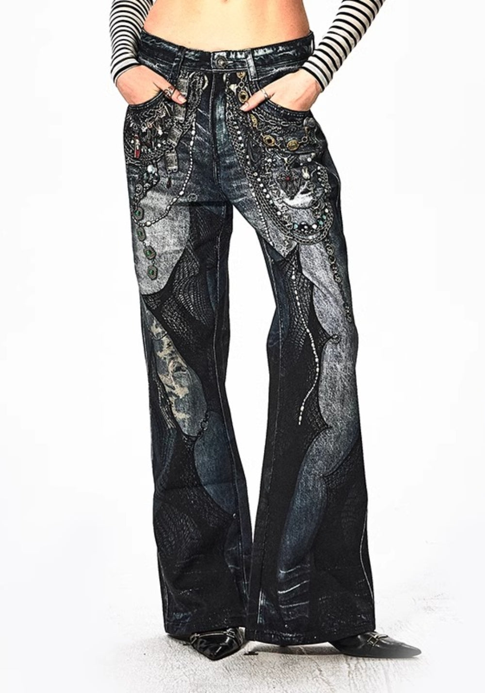 DND4DES丨All-Over Lace Print Chain Denim Jeans - PSYLOS 1, DND4DES丨All-Over Lace Print Chain Denim Jeans, Pants, DND4DES•JAPAN, PSYLOS 1