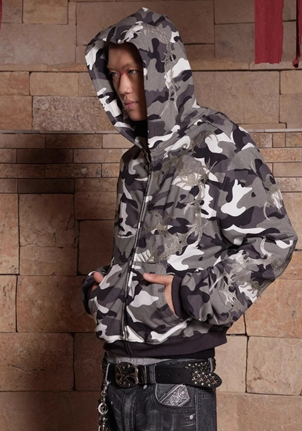 DND4DES丨Silver Embroidered Camo Zip Hoodie - PSYLOS 1, DND4DES丨Silver Embroidered Camo Zip Hoodie, Hoodie, DND4DES•JAPAN, PSYLOS 1