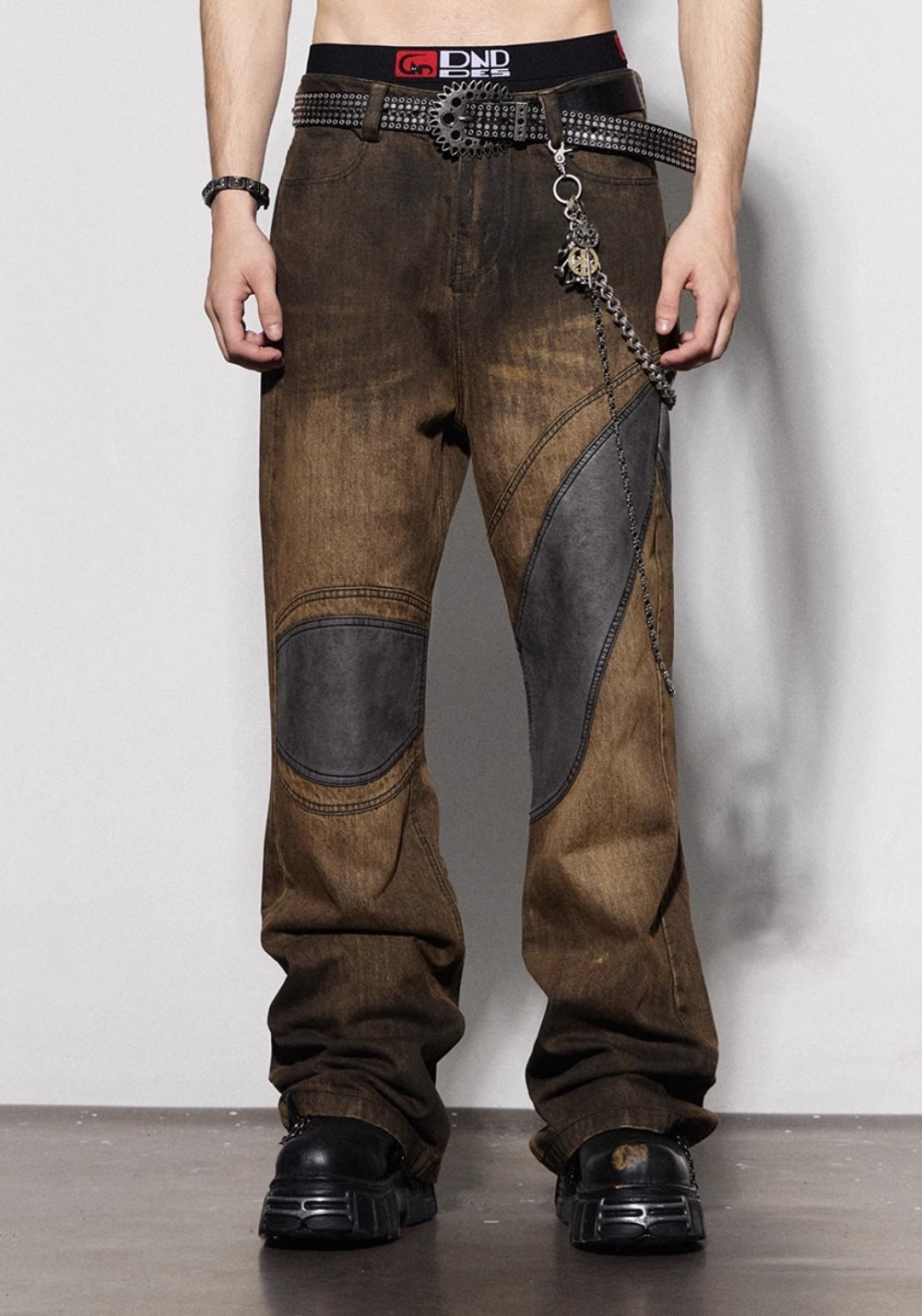 DND4DES丨Faux Leather Knee-Patch Denim Jeans - PSYLOS 1, DND4DES丨Faux Leather Knee-Patch Denim Jeans, Pants, DND4DES•JAPAN, PSYLOS 1