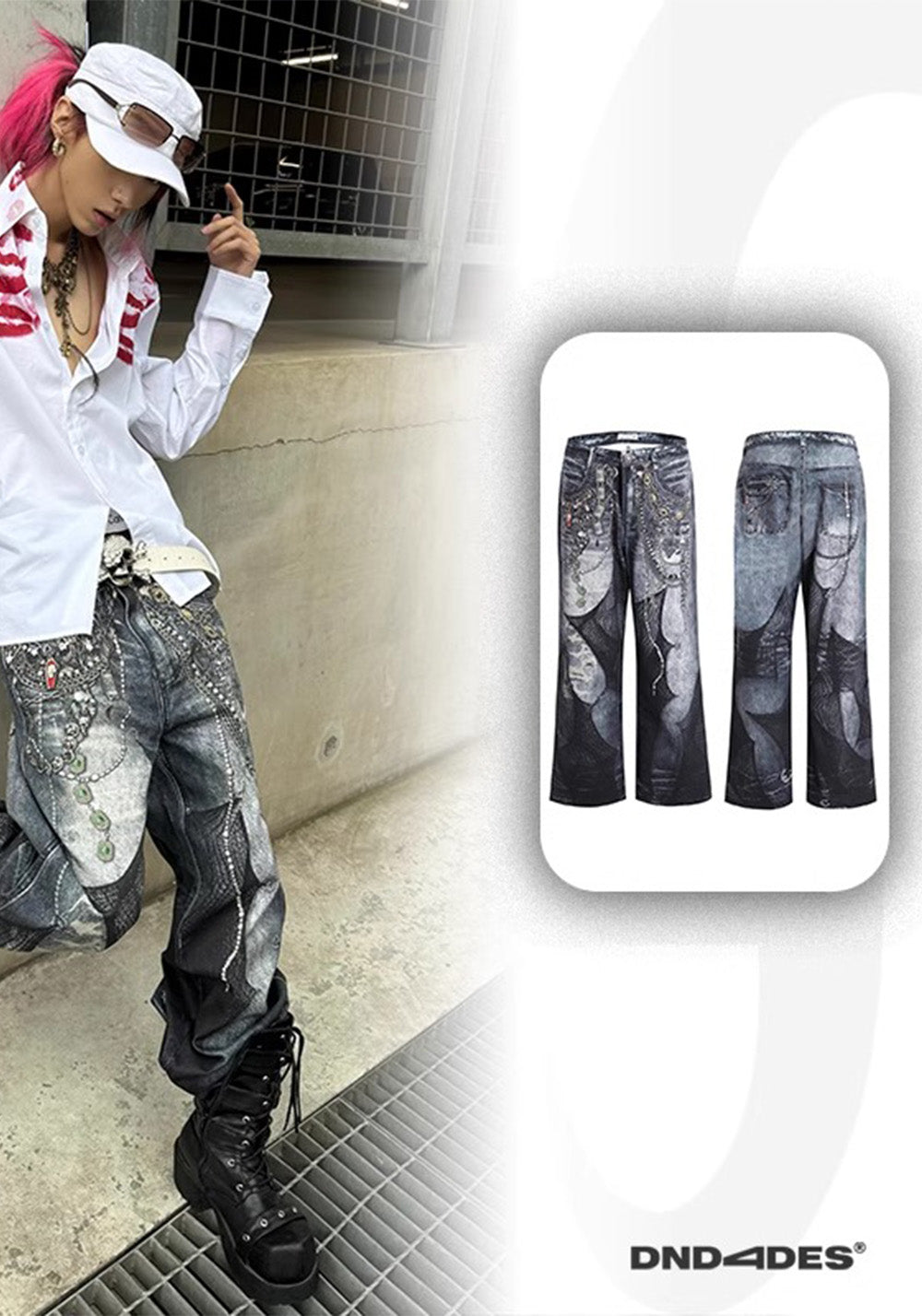 DND4DES丨All-Over Lace Print Chain Denim Jeans - PSYLOS 1, DND4DES丨All-Over Lace Print Chain Denim Jeans, Pants, DND4DES•JAPAN, PSYLOS 1