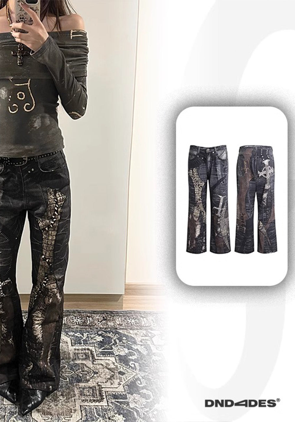 DND4DES丨Print Faux Leather Patch Denim Jeans - PSYLOS 1, DND4DES丨Print Faux Leather Patch Denim Jeans, Pants, DND4DES•JAPAN, PSYLOS 1