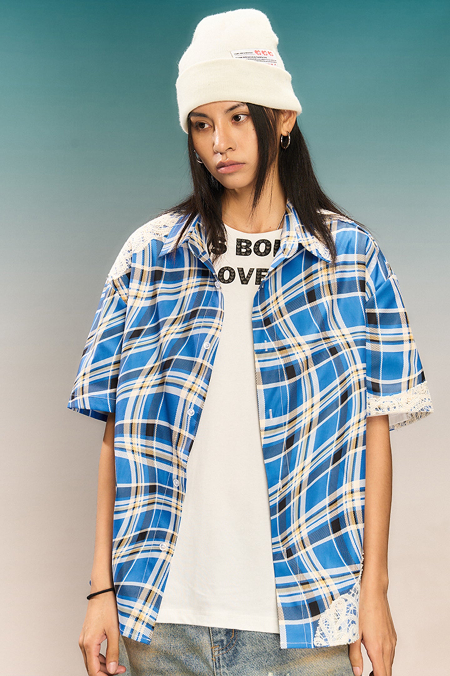 YADcrew | Plaid Lace Stitching Trendy Loose Short-Sleeved Shirt - PSYLOS 1, YADcrew | Plaid Lace Stitching Trendy Loose Short-Sleeved Shirt, Shirts, YADcrew•JAPAN, PSYLOS 1