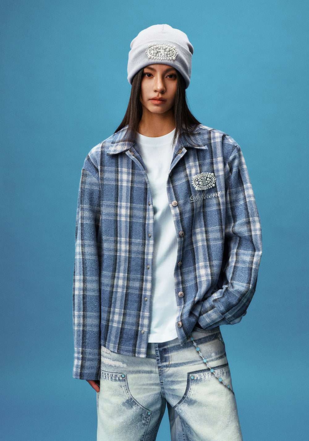 YADcrew丨Embroidered Pearl Slogan Plaid Shirt - PSYLOS 1, YADcrew丨Embroidered Pearl Slogan Plaid Shirt, Shirts, YADcrew•JAPAN, PSYLOS 1