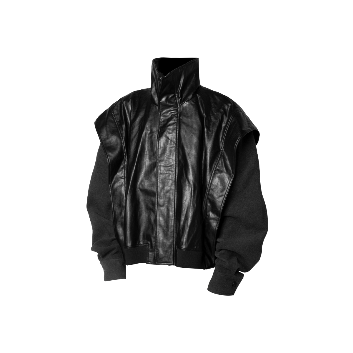 Deconstructed Oversized Leather Jacket with Semi-High Collar