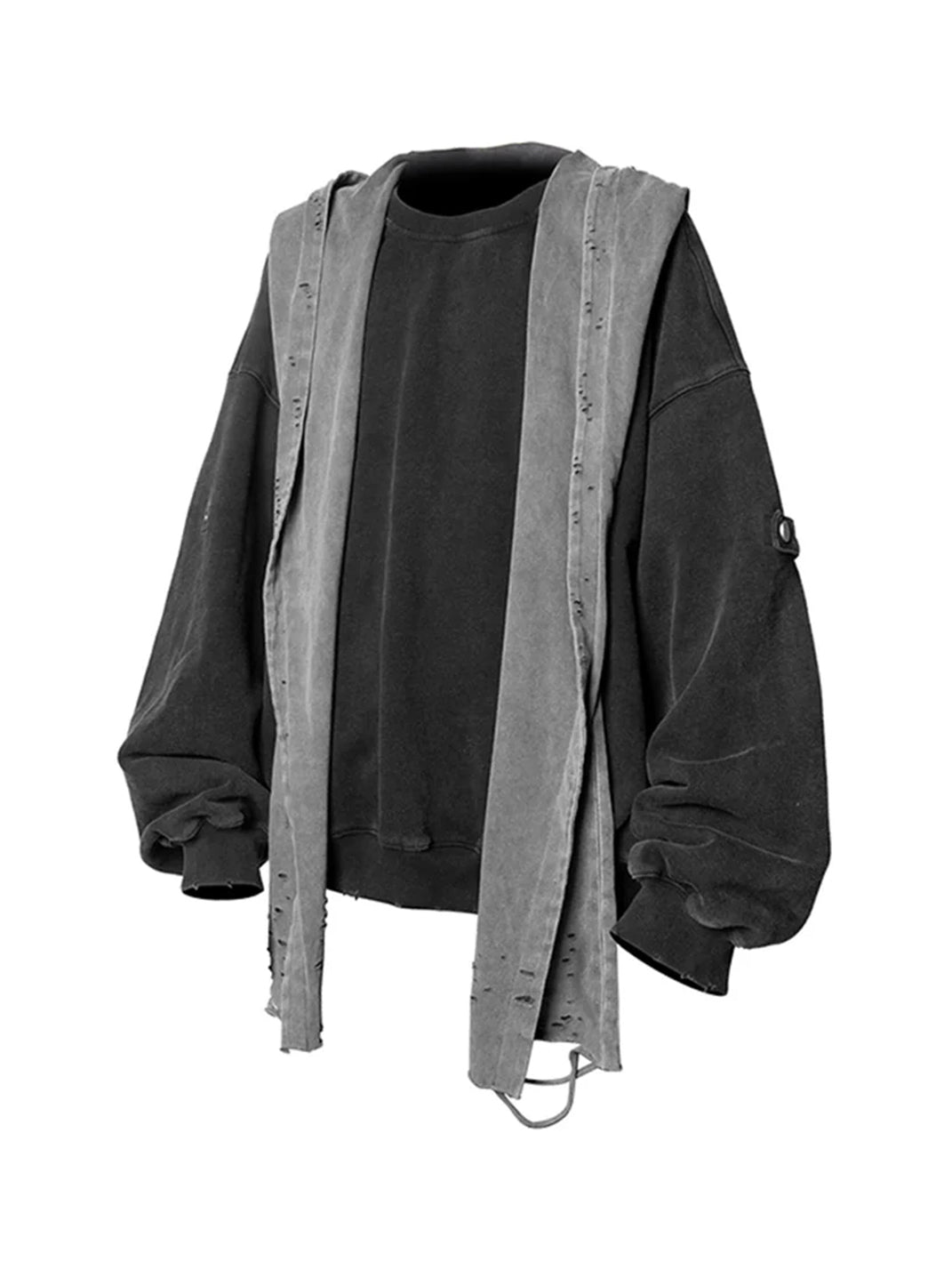 Sudadera con cuello redondo multidireccional, color gris oscuro lavado, capucha desgastada desmontable y construcción tridimensional (tallado) de RELABEL