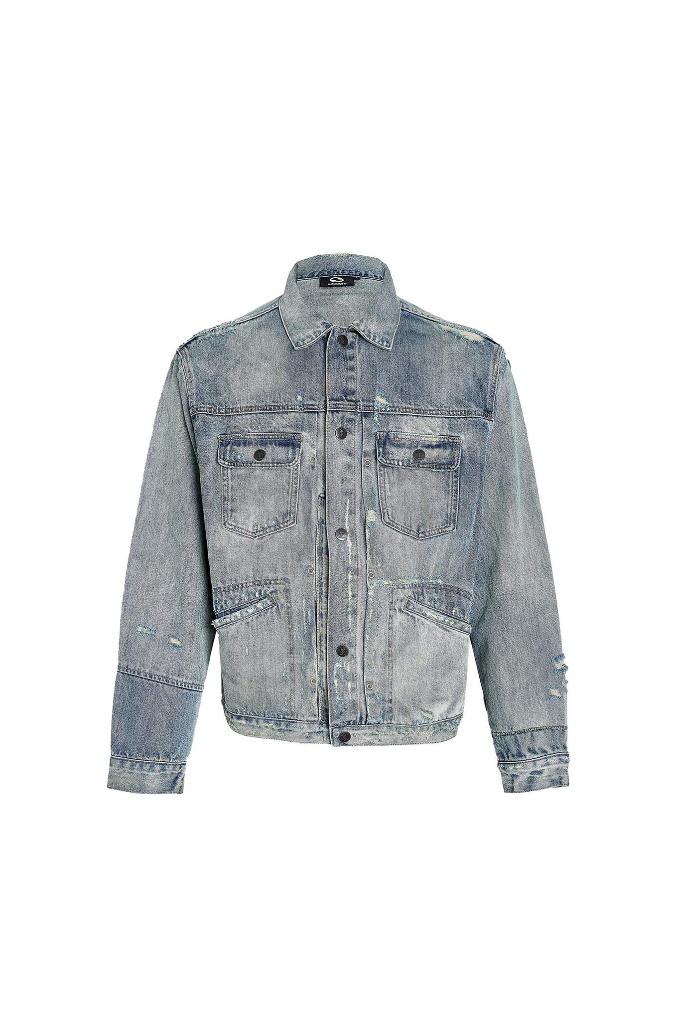 STEEPC Washed Vintage Pleated Distressed Denim Jacket