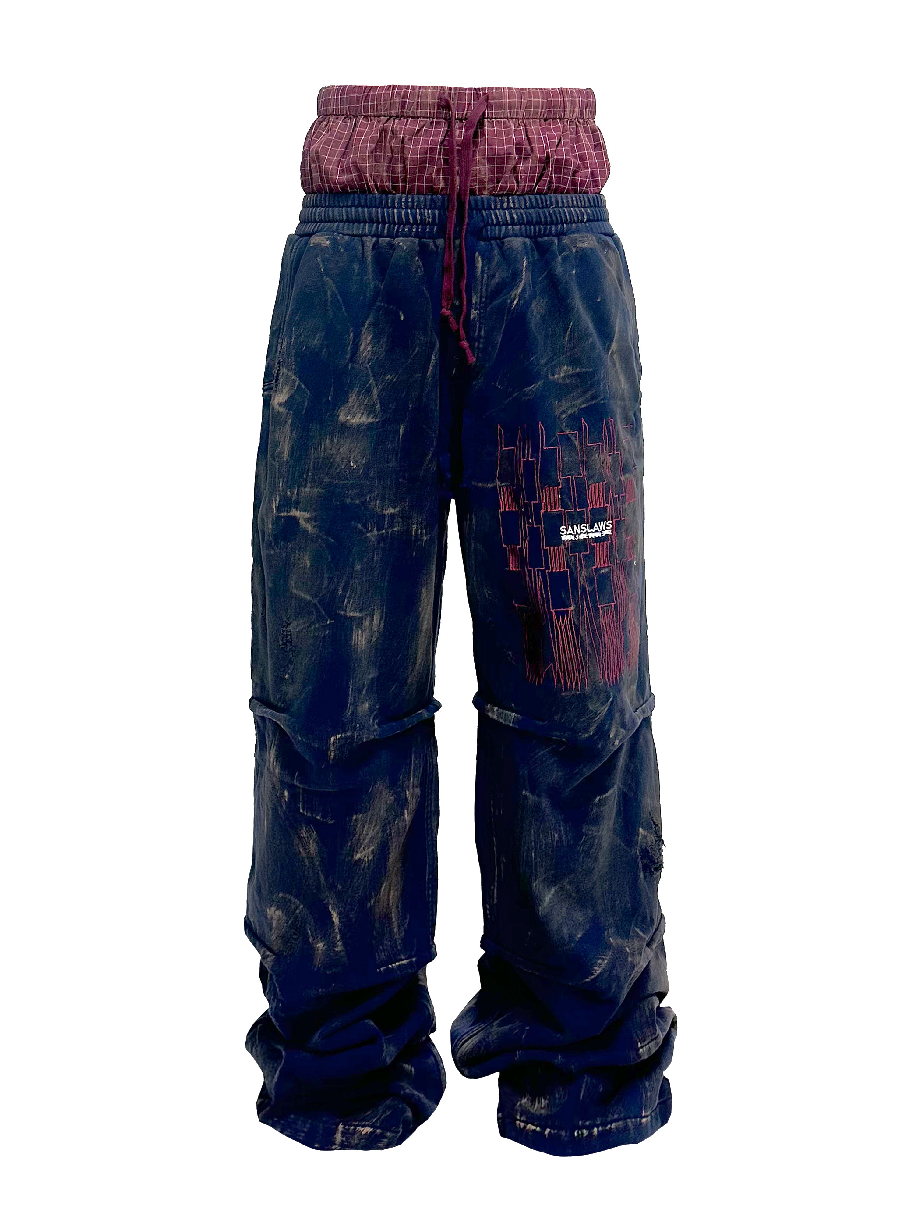 SANSLAWS丨Embroidered Mud-dyed Double-waist Sweatpants - PSYLOS 1, SANSLAWS丨Embroidered Mud-dyed Double-waist Sweatpants, Pants, SANSLAWS, PSYLOS 1