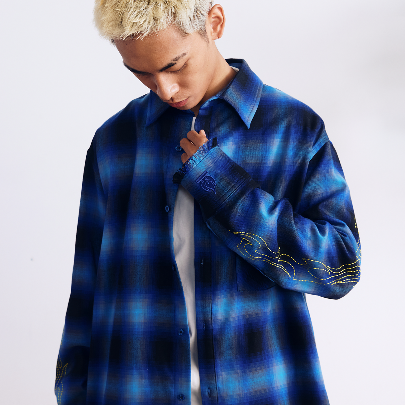 BURNIN "97' SERIES" FRAYED DISTRESSED PLAID EMBROIDERED SHIRT - PSYLOS 1, BURNIN "97' SERIES" FRAYED DISTRESSED PLAID EMBROIDERED SHIRT, Shirts, Burnin, PSYLOS 1