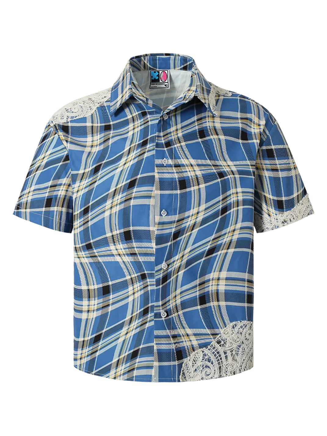 Camisa holgada de manga corta con costuras de encaje a cuadros
