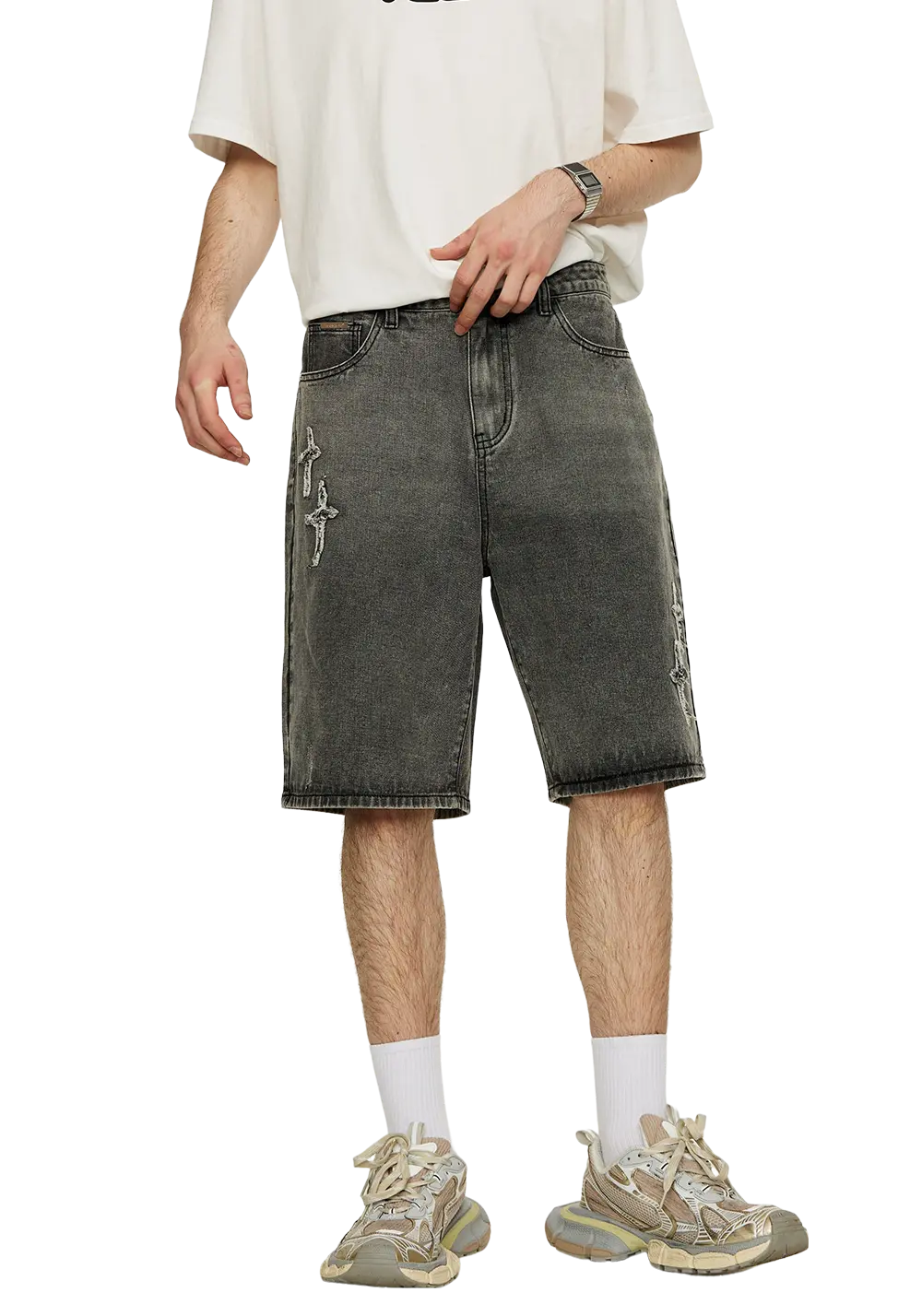 Patchwork Cross Star Embroidered Denim Shorts - PSYLOS 1, Patchwork Cross Star Embroidered Denim Shorts, Shorts, iconslab, PSYLOS 1