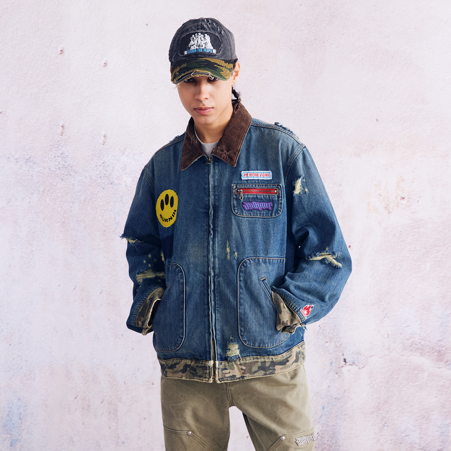 BURNIN* "Burnin for people" camouflage splicing damaged patch denim jacket - PSYLOS 1, BURNIN* "Burnin for people" camouflage splicing damaged patch denim jacket, T-Shirt, Burnin, PSYLOS 1