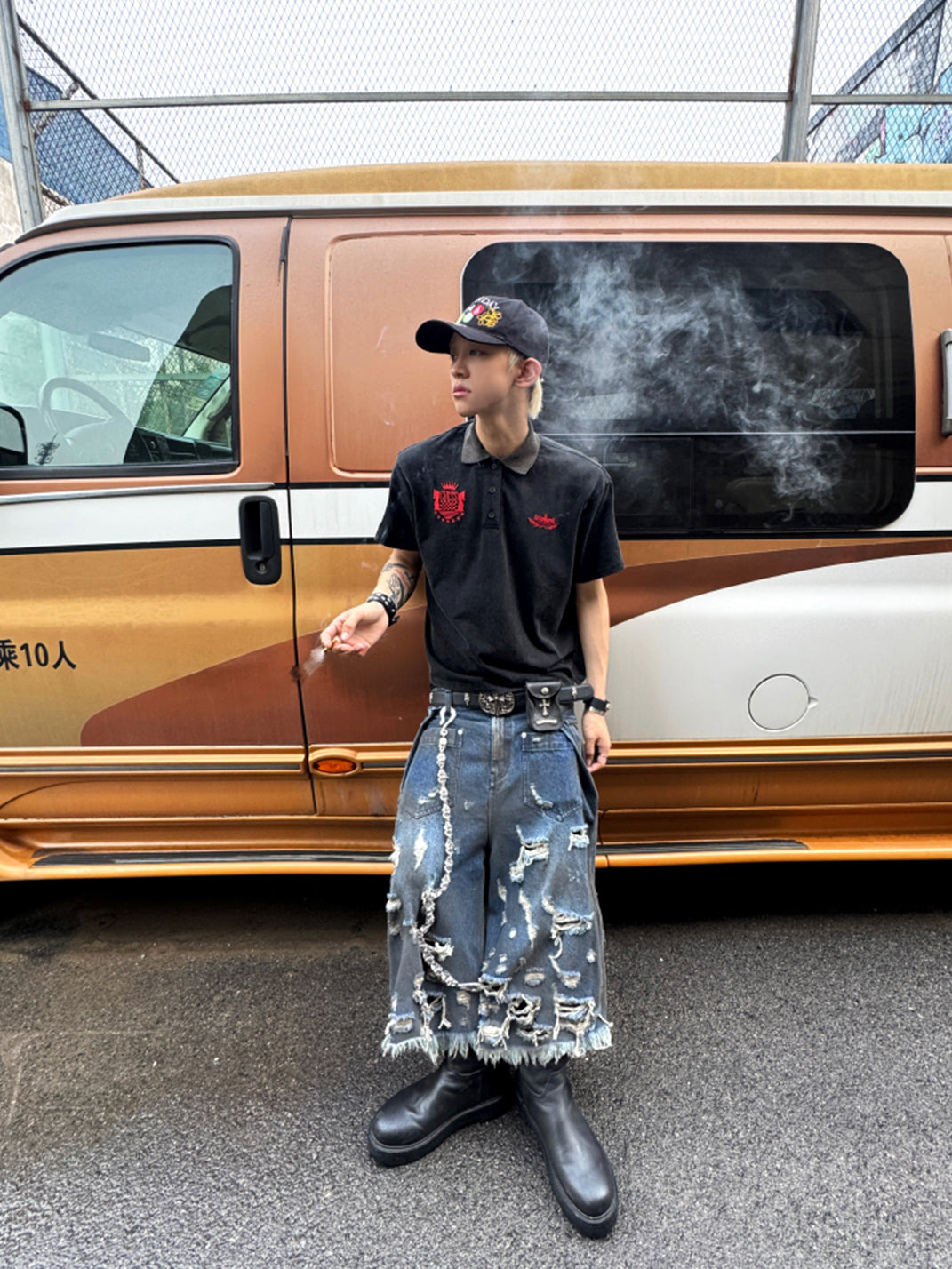 GOJOYJINNI | Washed Pleated Distressed Cropped Jeans - PSYLOS 1, GOJOYJINNI | Washed Pleated Distressed Cropped Jeans, Jeans, GOJOYJINNI, PSYLOS 1