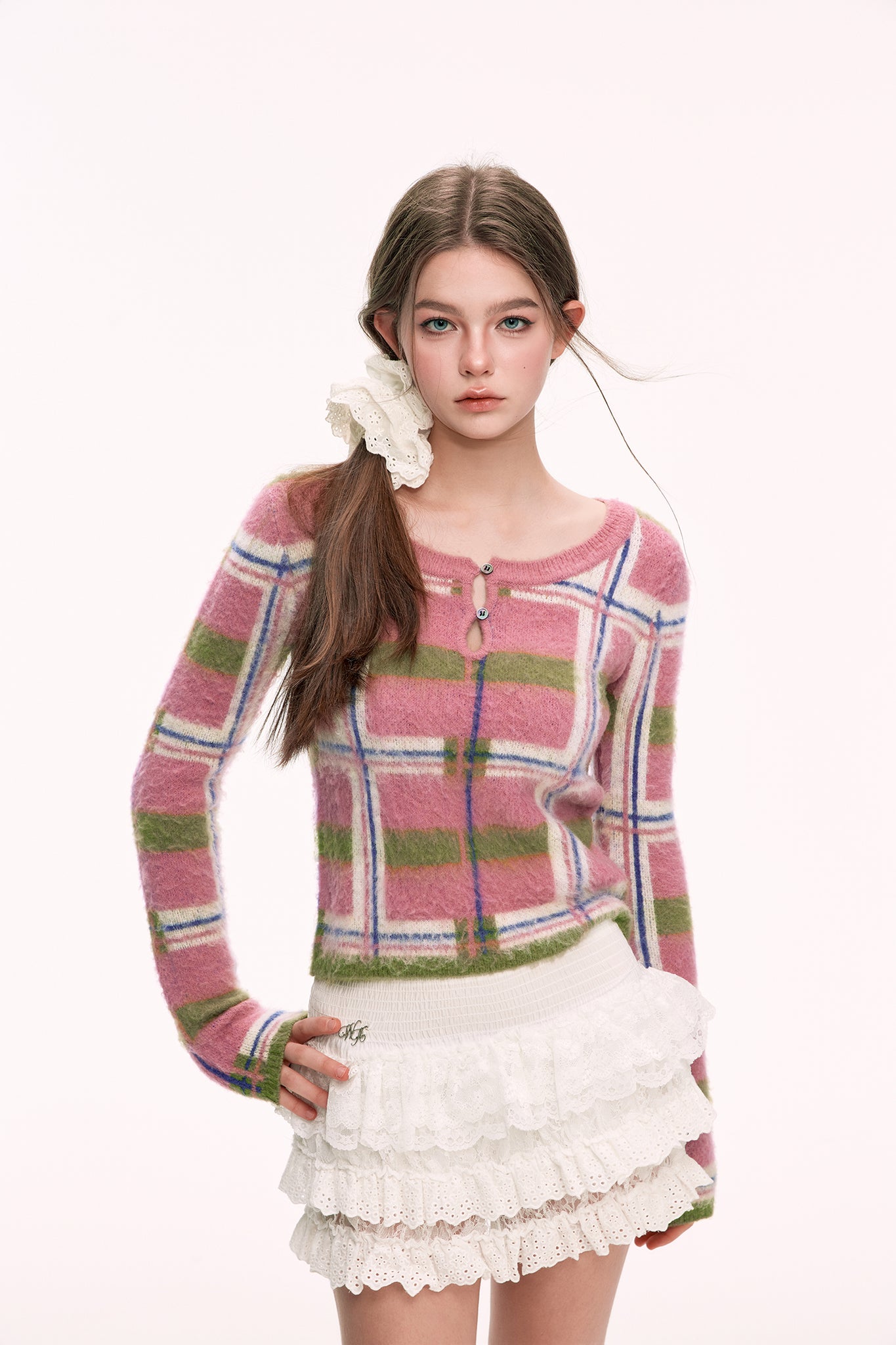 WooHa Winter New Furry Colorful Plaid Base Knitted Sweater