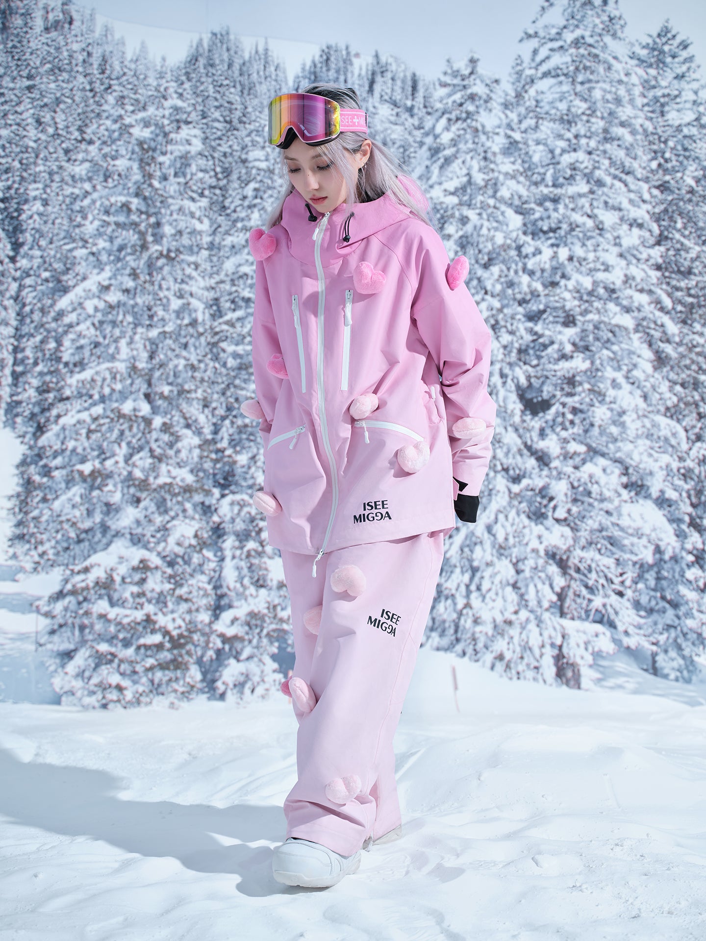 Pink Gradient Luminous Heart Ski Suit