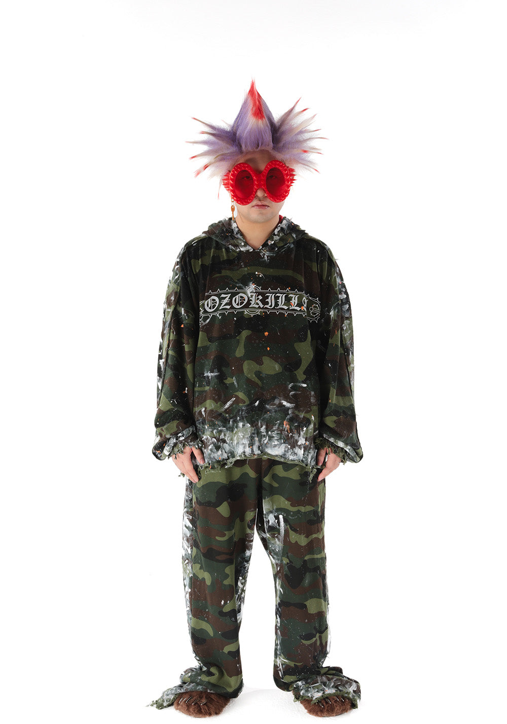 Camouflage Fringe Studded Ink Graffiti Sweatpants