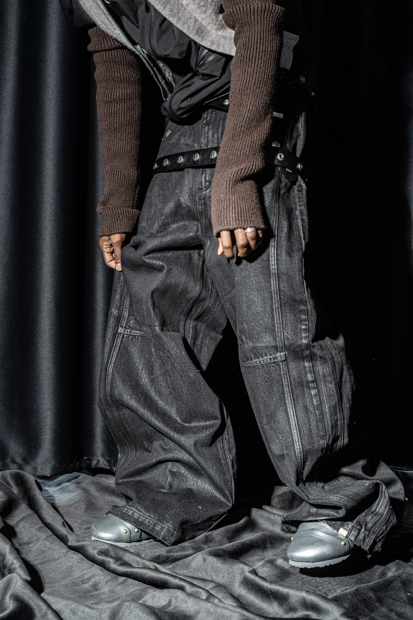 REBEL WAVE Hand-waxed Damaged Washed Wide-leg Pants