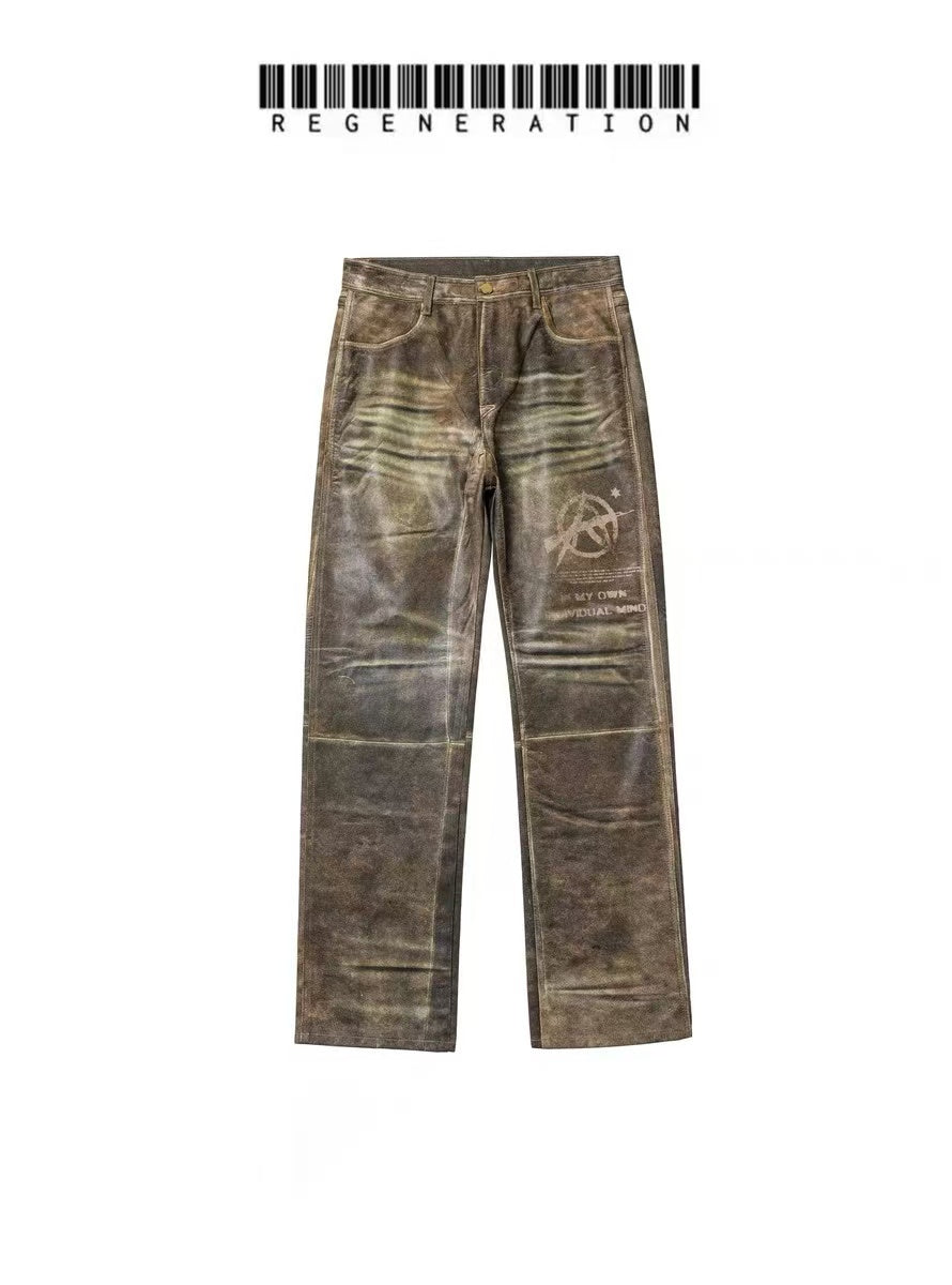 Digital Printed Faux Leather Waxed Straight Jeans