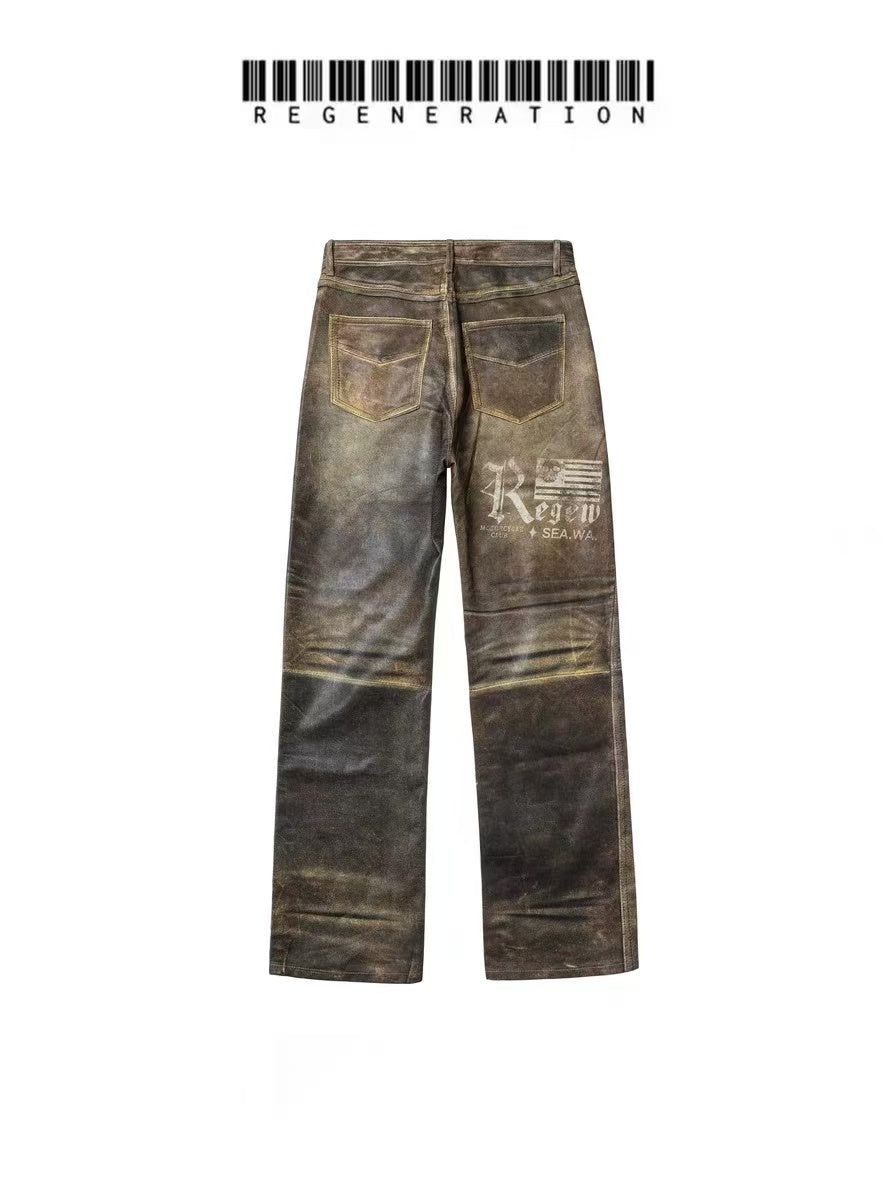 Digital Printed Faux Leather Waxed Straight Jeans