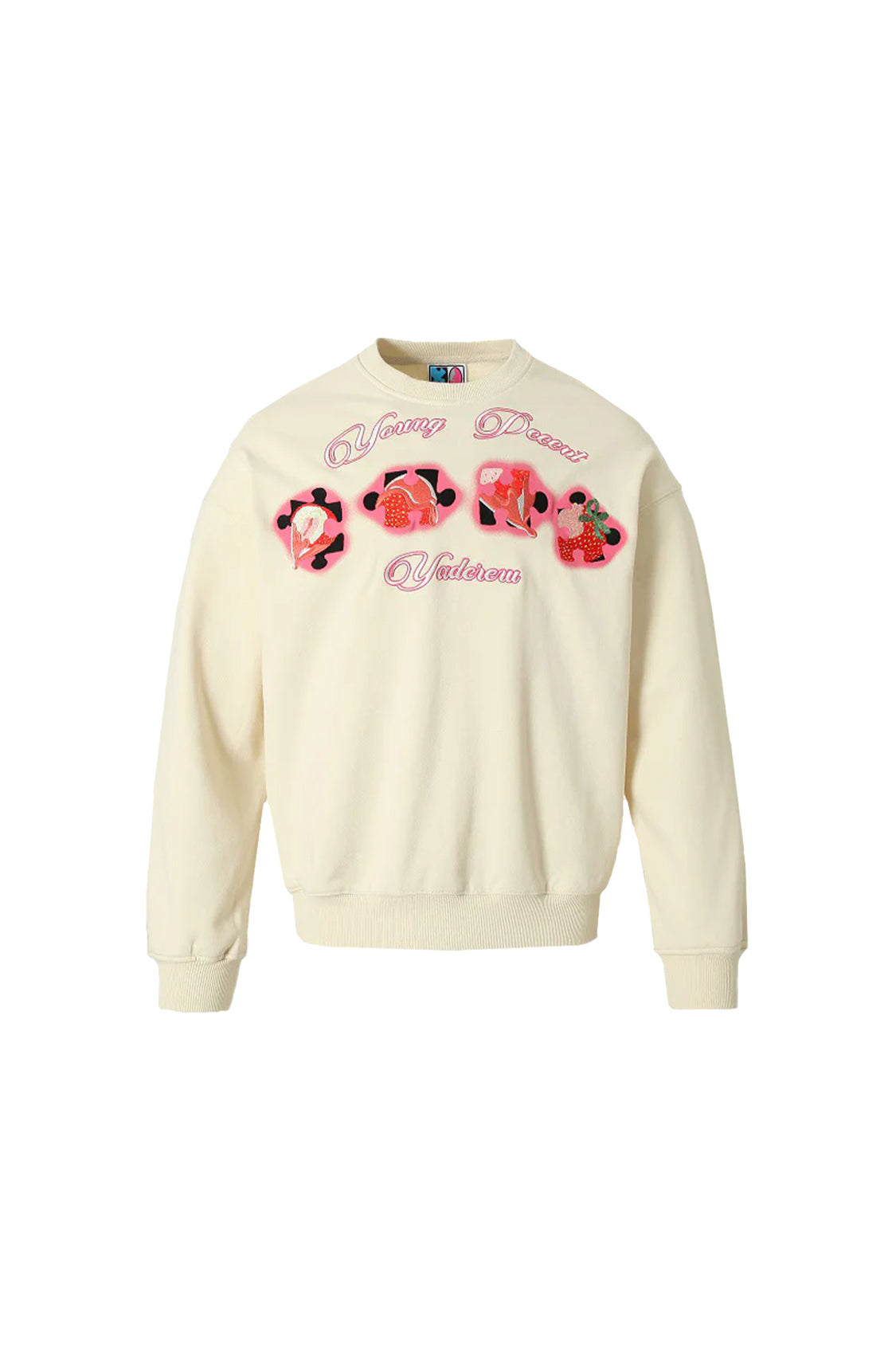 Cream Strawberry Jigsaw Embroidered Crew Neck Sweatshirt