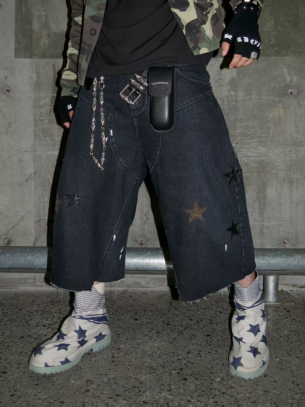 BE A DEVIL丨Leopard Star Patch Cropped Work Pants - PSYLOS 1, BE A DEVIL丨Leopard Star Patch Cropped Work Pants, Jeans, BE A DEVIL, PSYLOS 1