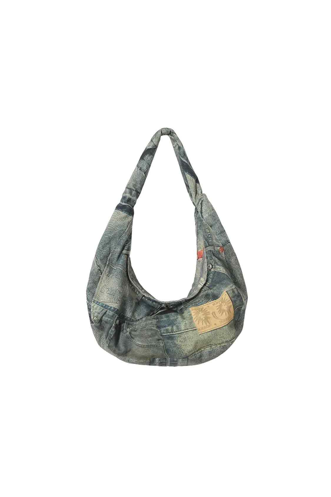 Patchwork Denim Padded Crescent Crossbody Bag