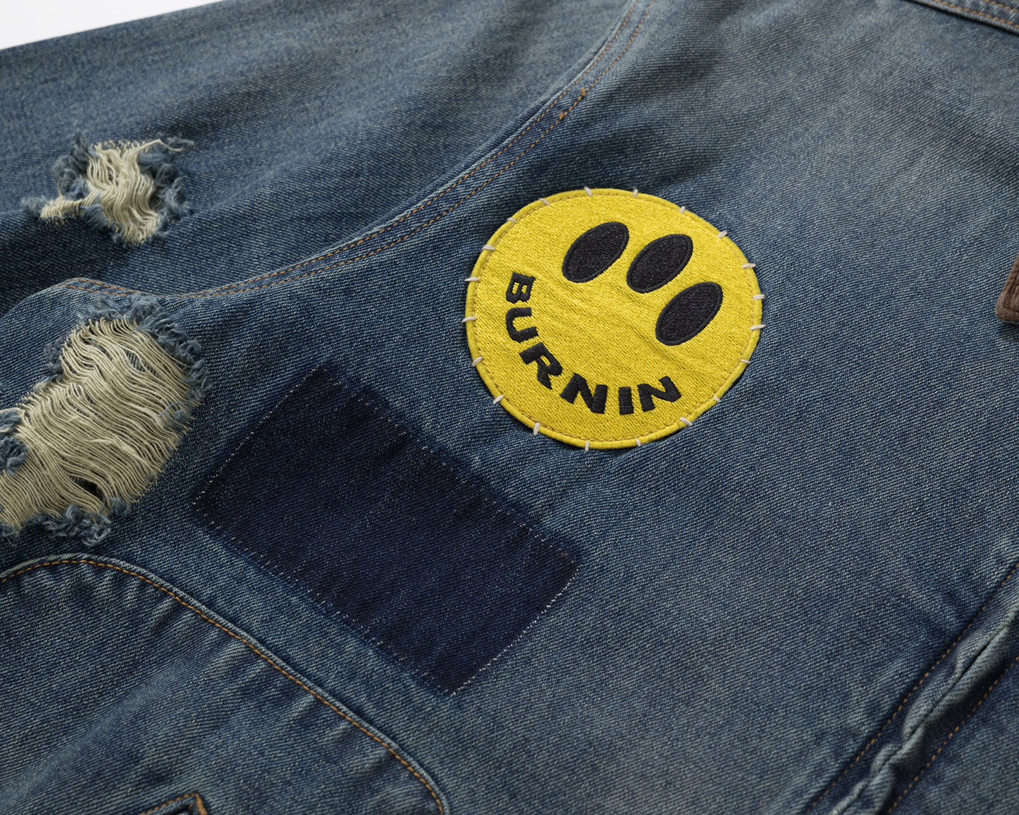 BURNIN* "Burnin for people" camouflage splicing damaged patch denim jacket - PSYLOS 1, BURNIN* "Burnin for people" camouflage splicing damaged patch denim jacket, T-Shirt, Burnin, PSYLOS 1