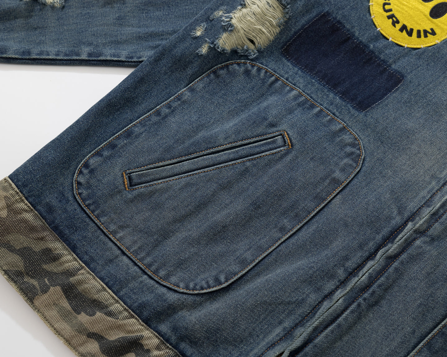 BURNIN* "Burnin for people" camouflage splicing damaged patch denim jacket - PSYLOS 1, BURNIN* "Burnin for people" camouflage splicing damaged patch denim jacket, T-Shirt, Burnin, PSYLOS 1