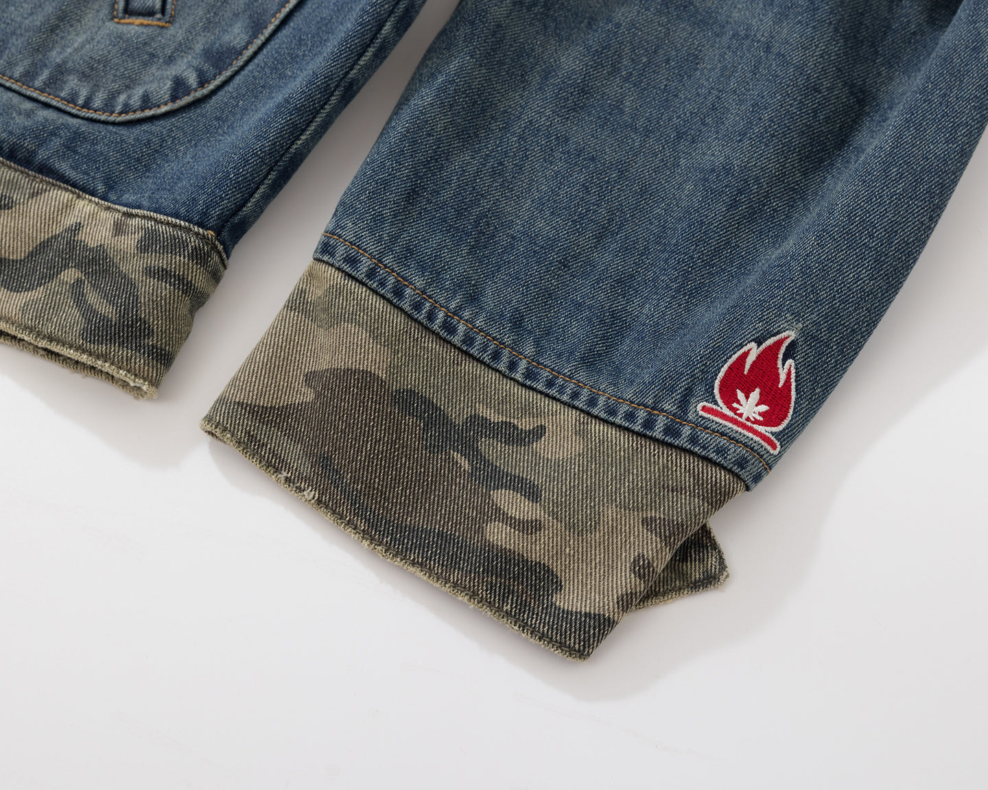 BURNIN* "Burnin for people" camouflage splicing damaged patch denim jacket - PSYLOS 1, BURNIN* "Burnin for people" camouflage splicing damaged patch denim jacket, T-Shirt, Burnin, PSYLOS 1
