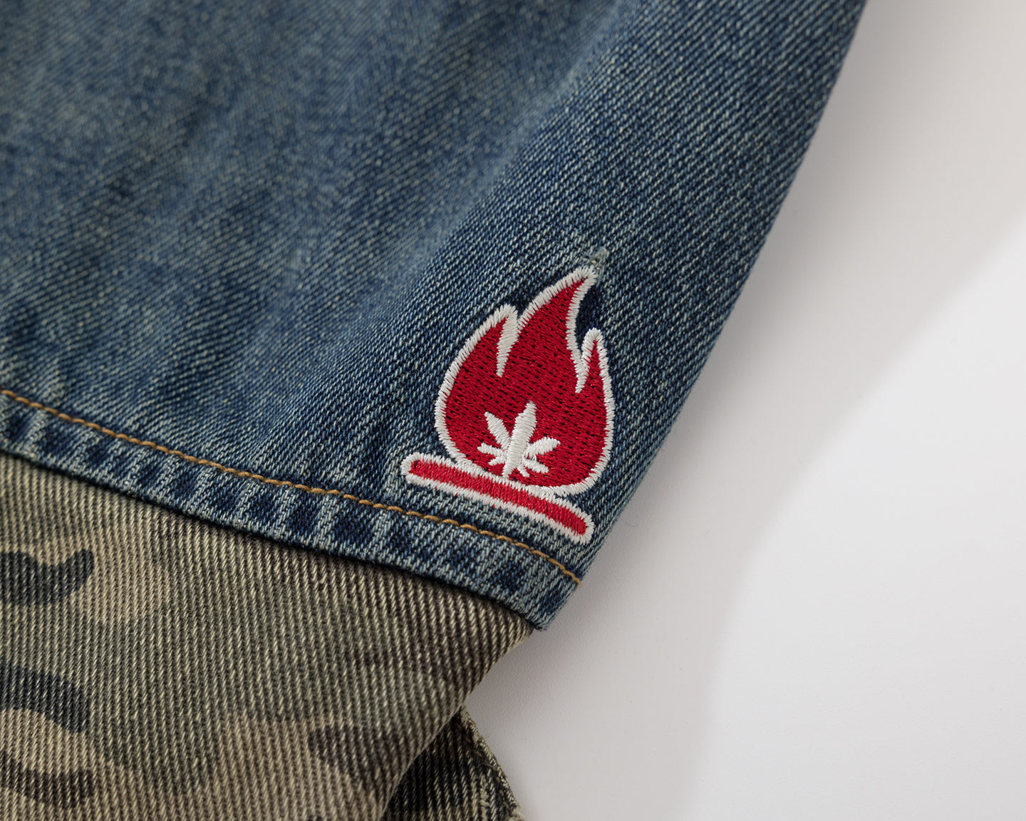 BURNIN* "Burnin for people" camouflage splicing damaged patch denim jacket - PSYLOS 1, BURNIN* "Burnin for people" camouflage splicing damaged patch denim jacket, T-Shirt, Burnin, PSYLOS 1