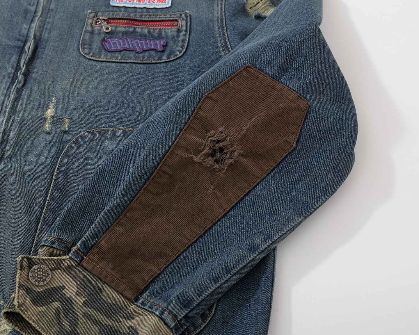 BURNIN* "Burnin for people" camouflage splicing damaged patch denim jacket - PSYLOS 1, BURNIN* "Burnin for people" camouflage splicing damaged patch denim jacket, T-Shirt, Burnin, PSYLOS 1