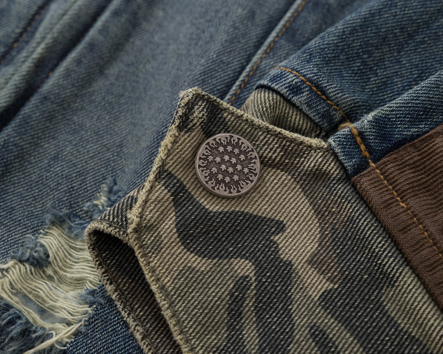 BURNIN* "Burnin for people" camouflage splicing damaged patch denim jacket - PSYLOS 1, BURNIN* "Burnin for people" camouflage splicing damaged patch denim jacket, T-Shirt, Burnin, PSYLOS 1