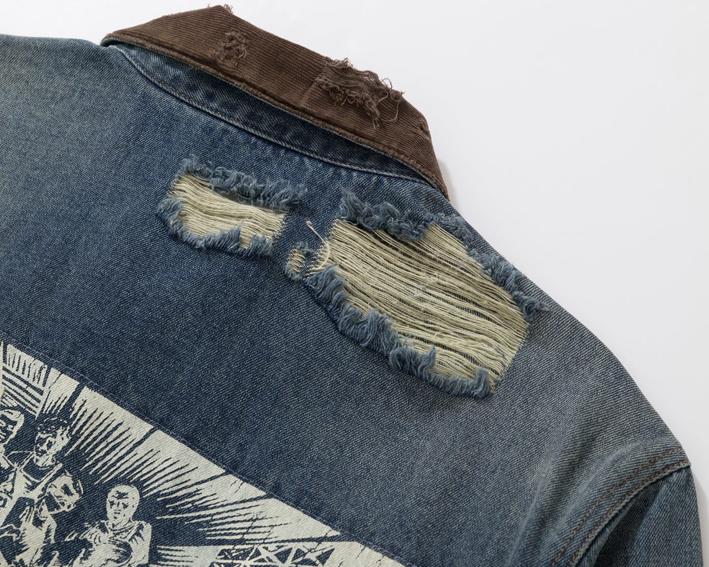 BURNIN* "Burnin for people" camouflage splicing damaged patch denim jacket - PSYLOS 1, BURNIN* "Burnin for people" camouflage splicing damaged patch denim jacket, T-Shirt, Burnin, PSYLOS 1