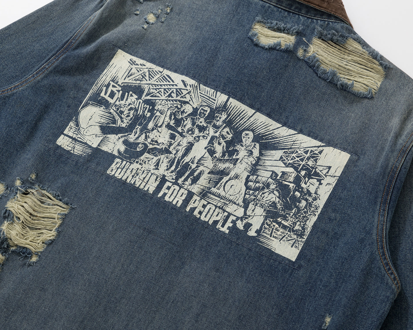 BURNIN* "Burnin for people" camouflage splicing damaged patch denim jacket - PSYLOS 1, BURNIN* "Burnin for people" camouflage splicing damaged patch denim jacket, T-Shirt, Burnin, PSYLOS 1