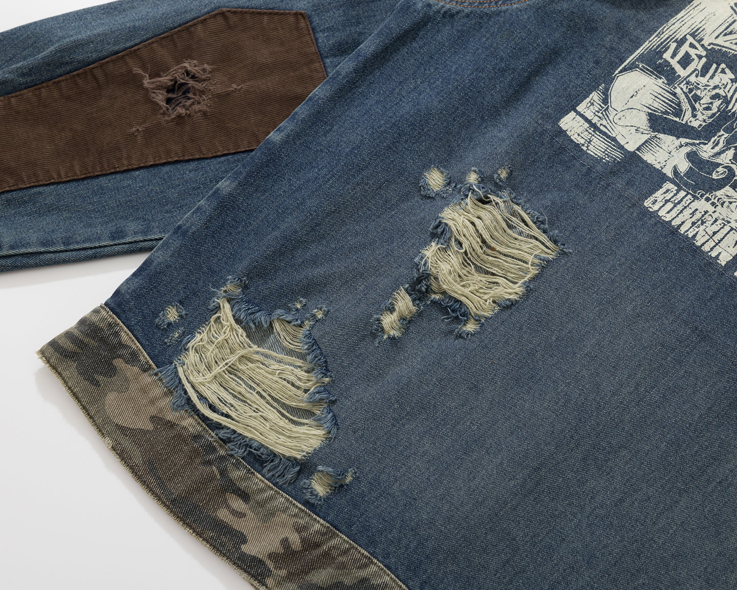BURNIN* "Burnin for people" camouflage splicing damaged patch denim jacket - PSYLOS 1, BURNIN* "Burnin for people" camouflage splicing damaged patch denim jacket, T-Shirt, Burnin, PSYLOS 1