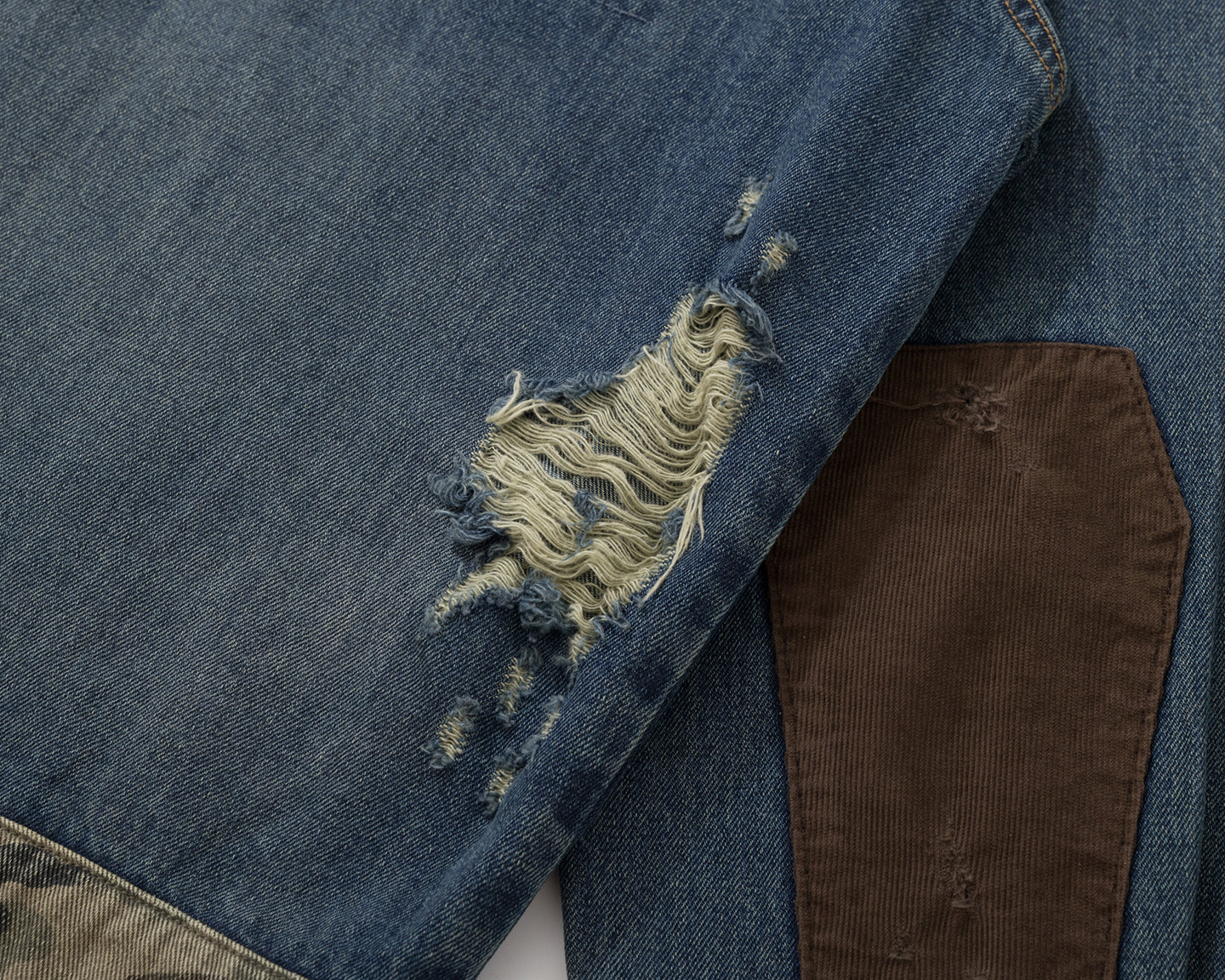 BURNIN* "Burnin for people" camouflage splicing damaged patch denim jacket - PSYLOS 1, BURNIN* "Burnin for people" camouflage splicing damaged patch denim jacket, T-Shirt, Burnin, PSYLOS 1