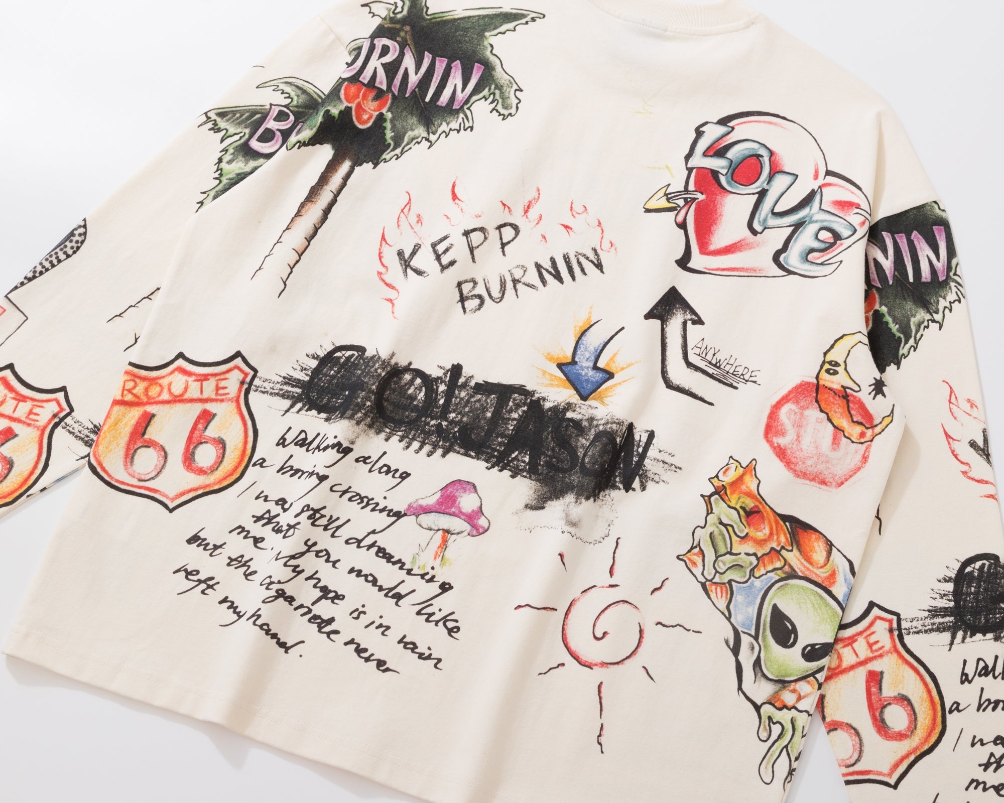 BURNIN* "All Roads Lead to Freedom" Graffiti Hand-Painted Long Sleeve T-Shirt - PSYLOS 1, BURNIN* "All Roads Lead to Freedom" Graffiti Hand-Painted Long Sleeve T-Shirt, T-Shirt, Burnin, PSYLOS 1