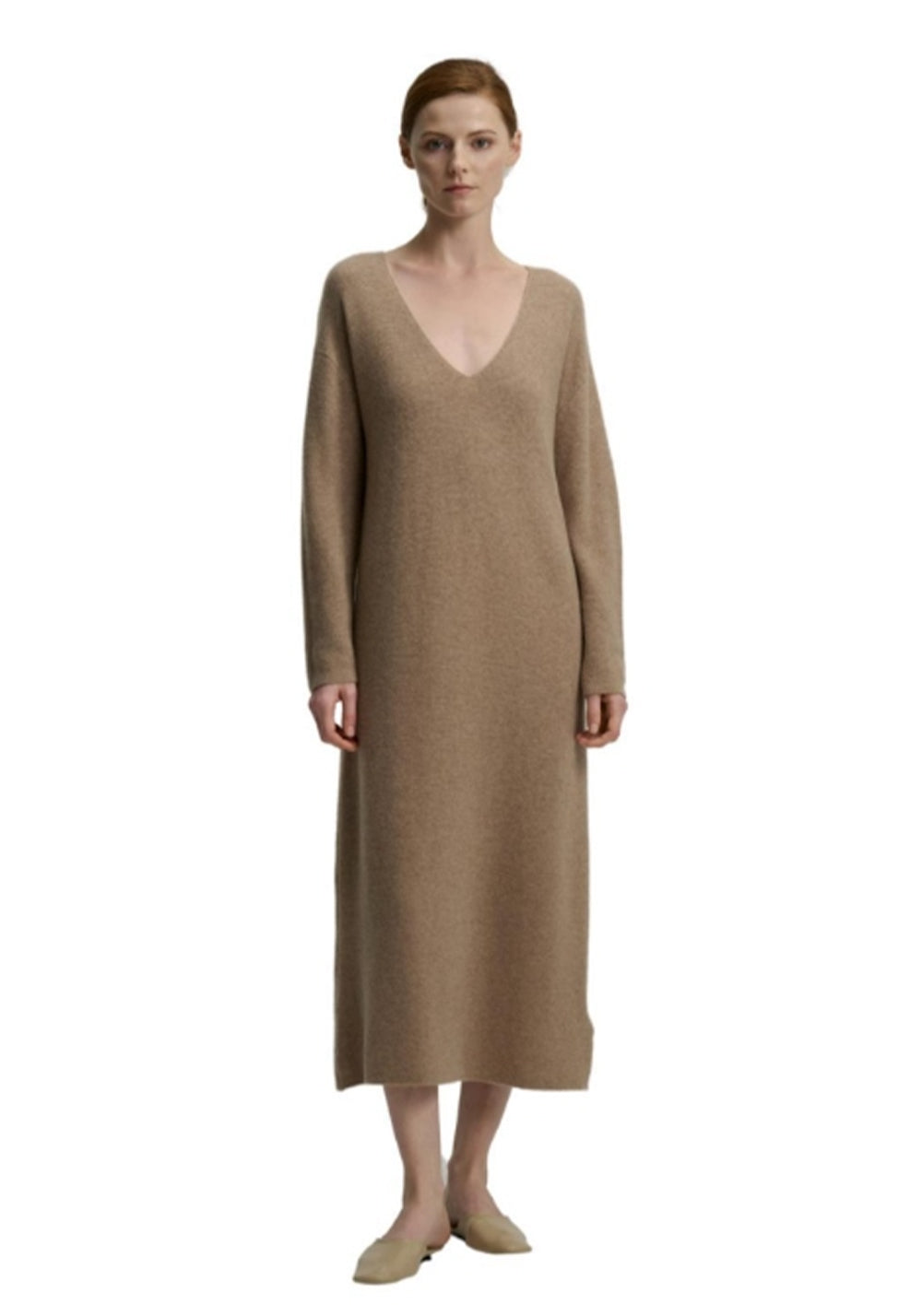 CASHMERE V-Neck Cocoon Cashmere Dress -Flower Camel