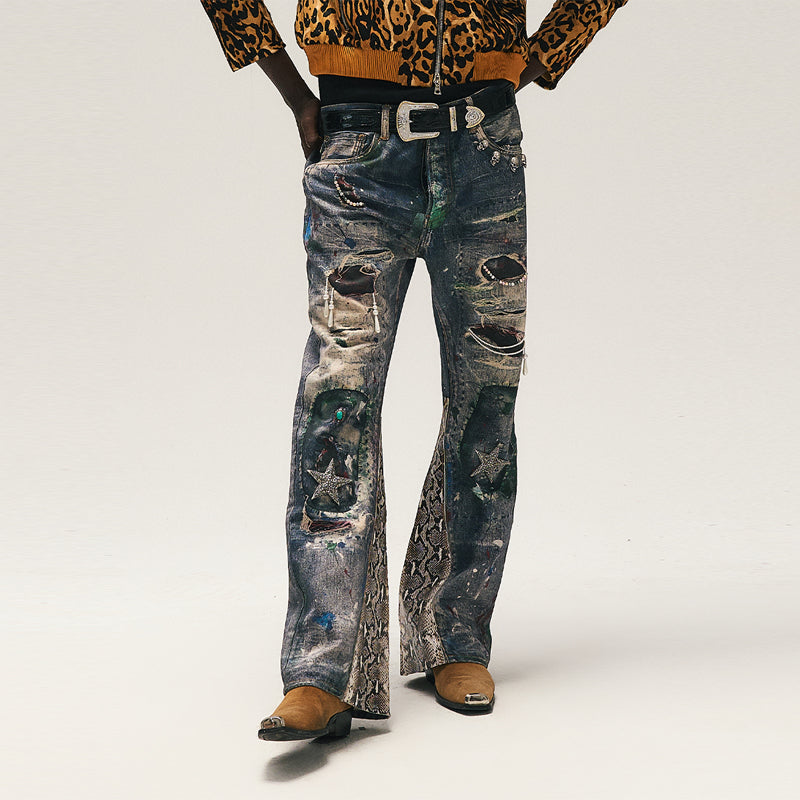 GLACIERBOY "RAP STAR" SERIES 3D PRINTED SNAKE PATCHWAXED DENIM JEANS