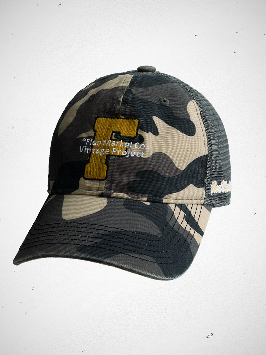 FLEAMARKET | Camo "F" Curve Brim Trucker Hat - PSYLOS 1, FLEAMARKET | Camo "F" Curve Brim Trucker Hat, Hats, FLEAMARKET, PSYLOS 1