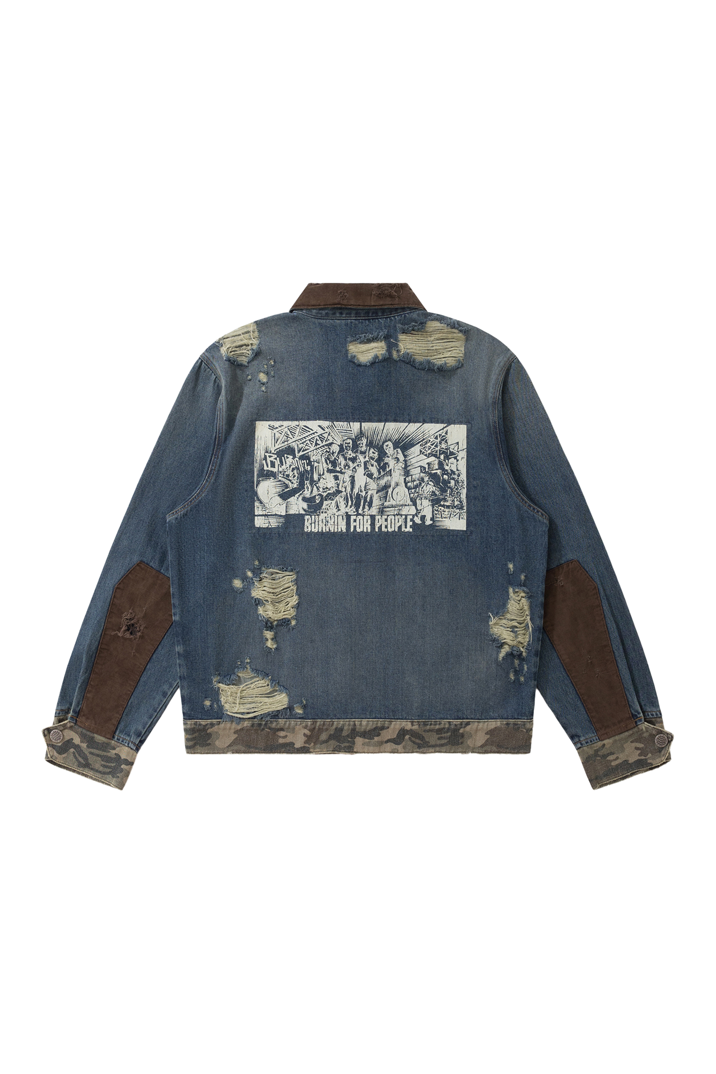 BURNIN* "Burnin for people" camouflage splicing damaged patch denim jacket - PSYLOS 1, BURNIN* "Burnin for people" camouflage splicing damaged patch denim jacket, T-Shirt, Burnin, PSYLOS 1