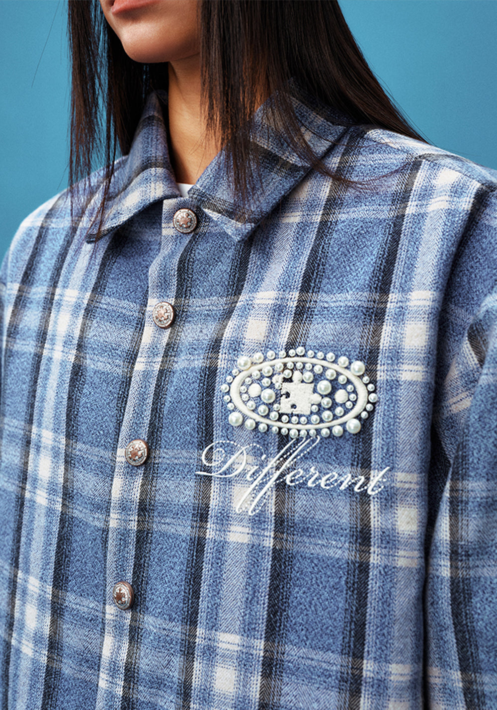 YADcrew丨Embroidered Pearl Slogan Plaid Shirt - PSYLOS 1, YADcrew丨Embroidered Pearl Slogan Plaid Shirt, Shirts, YADcrew•JAPAN, PSYLOS 1